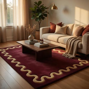 May include: A living room scene featuring a burgundy rug with a cream-colored wavy border. A dark wood coffee table holds books and a candle. A cream-colored sofa with throw pillows and a blanket sits against a wall. A floor lamp and a potted plant are also visible.