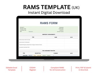 RAMS Template (UK) – Editable Excel Safety Form | Construction Risk Assessment & Method Statement | Instant Download