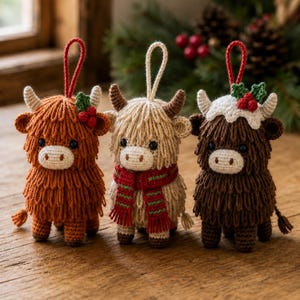 Crochet Highland Cow Pattern PDF, Christmas Ornament Trio, Holly Tartan Scarf and Pudding Cow Amigurumi, Low Sew Download
