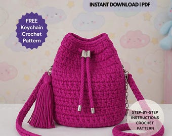 Patrón de bolso de crochet DIY (PDF): Bolso de mano con cordón hecho a mano, bolso de crochet con correa y borla, descarga digital del patrón de crochet (PDF)