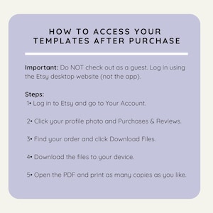 K&ouml;nnte beinhalten: Eine hellviolette Grafik mit wei&szlig;em Text, der erkl&auml;rt, wie man nach dem Kauf auf Vorlagen zugreift. Anweisungen umfassen die Anmeldung bei Etsy, die Navigation zum Konto und das Herunterladen von Dateien. Das Bild ist eine Anleitung f&uuml;r den Zugriff auf gekaufte Vorlagen.