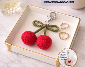 Crochet Cherry Keychain Pattern PDF, Beginner Amigurumi Cherry Pattern, Handmade Ornament, Bag Charm, Car Accessories Gift, Digital Download