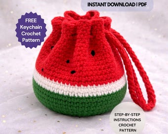 Patrón PDF de monedero de sandía a crochet: Minibolso con cordón, monedero de frutas estilo picnic de fresa, regalo hecho a mano para ella (descarga digital)