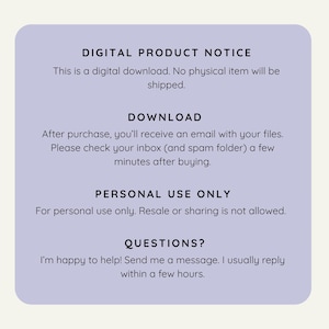 K&ouml;nnte beinhalten: Hinweis zum digitalen Produkt auf hellviolettem Hintergrund. Der Text besagt, dass es sich um einen digitalen Download handelt, ohne Versand eines physischen Artikels. Es enth&auml;lt Download-Anweisungen, nur f&uuml;r den pers&ouml;nlichen Gebrauch und Kontaktinformationen.