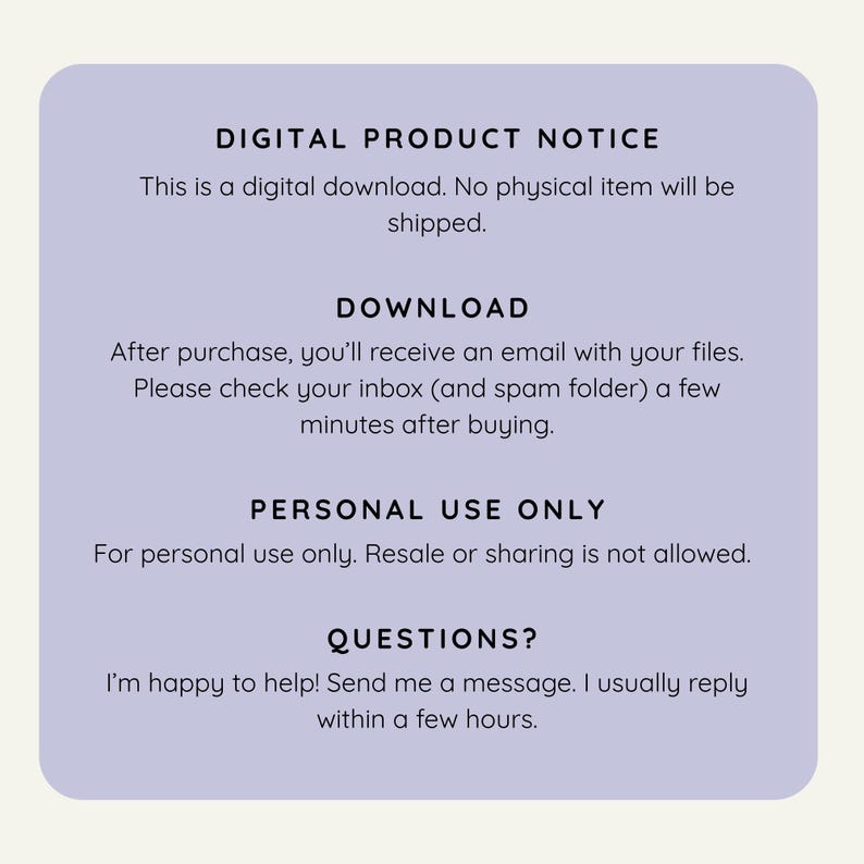 K&ouml;nnte beinhalten: Hinweis zum digitalen Produkt auf hellviolettem Hintergrund. Der Text besagt, dass es sich um einen digitalen Download handelt, ohne Versand eines physischen Artikels. Es enth&auml;lt Download-Anweisungen, nur f&uuml;r den pers&ouml;nlichen Gebrauch und Kontaktinformationen.