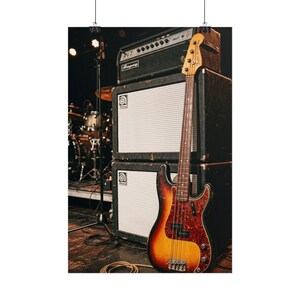 Cuadro decorativo de bajo y amplificador Sunburst, lámina vintage de equipo de bajo para escenario, póster de backline para bajista, lámina de bellas artes.