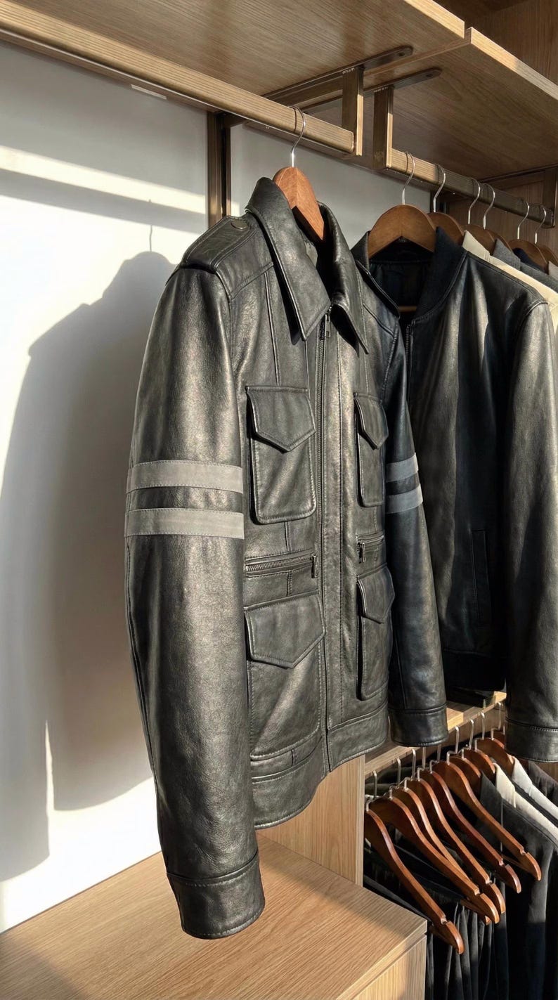 May include: Black leather jacket with four front pockets, a collared neckline, and gray stripes on the sleeves. The jacket is hanging on a wooden hanger. Another black jacket is visible in the background.