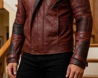 Star Lord-inspirerad Guardians röd läderjacka för cosplay | Bikerstil.