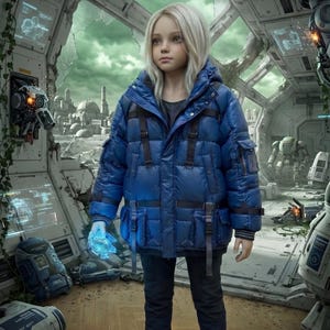 Könnte beinhalten: Eine Person trägt eine blaue Steppjacke mit schwarzen Riemen und Taschen, kombiniert mit einer schwarzen Hose und blauen Stiefeln. Der Hintergrund zeigt eine futuristische, möglicherweise postapokalyptische Umgebung mit Robotern und einer beschädigten Struktur.