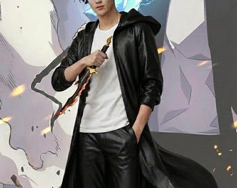 Anime Inspired Black Hooded Long Coat for Men | Gothic Leather Trench Coat | Cyberpunk Cosplay Costume.