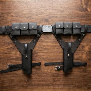 May include: A black utility belt system featuring two holsters, six rectangular pouches with silver snap closures, and a central silver-toned rectangular buckle. The harness includes adjustable straps with metal buckles for secure attachment.