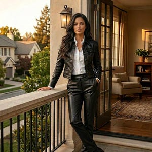 Könnte beinhalten: Eine Frau trägt eine schwarze Lederjacke, ein weißes Hemd und eine schwarze Lederhose. Sie steht auf einem Balkon mit einem steinernen Geländer. Das Outfit umfasst schwarze Stiefel. Im Hintergrund sind ein Haus und Bäume zu sehen.