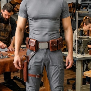 May include: A brown leather utility belt featuring multiple pouches, a central metallic buckle, and an integrated holster attached to a leg strap. The belt is worn over grey tactical pants and a grey short-sleeved athletic shirt in a workshop.