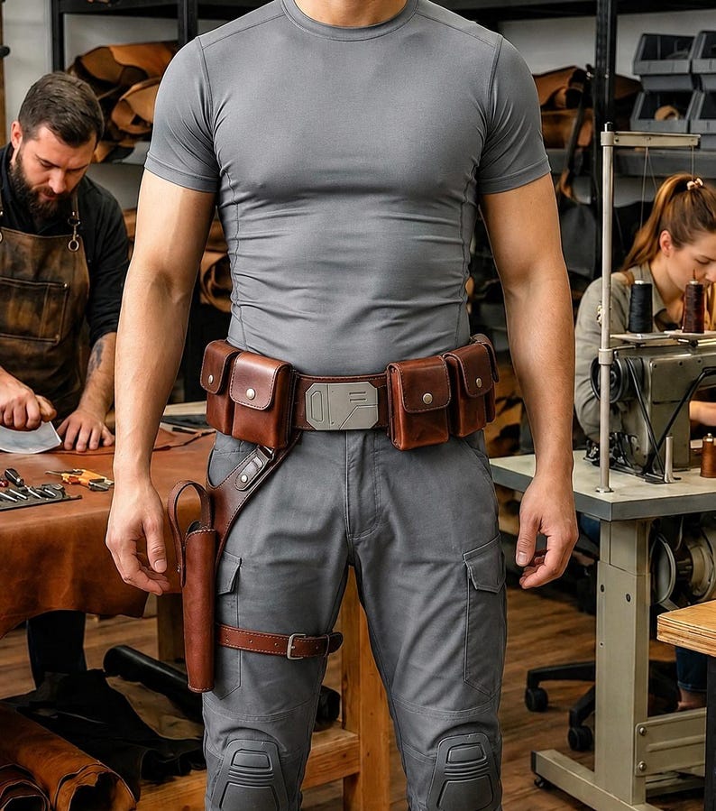 May include: A brown leather utility belt featuring multiple pouches, a central metallic buckle, and an integrated holster attached to a leg strap. The belt is worn over grey tactical pants and a grey short-sleeved athletic shirt in a workshop.