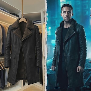May include: A black leather coat with a brown shearling collar and lining, displayed in a wardrobe. The coat features a classic design, long length, and two front pockets. The image also shows a person wearing a similar coat.
