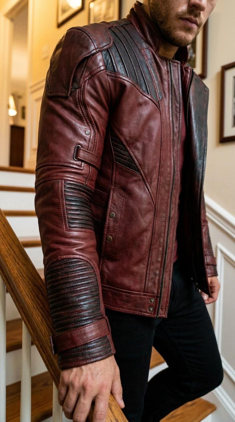 Pu&ograve; includere: Giacca in pelle bordeaux con dettagli neri. La giacca presenta un colletto rialzato, una chiusura con cerniera e pi&ugrave; tasche. Le maniche hanno dettagli a coste sui gomiti e sui polsini. La giacca &egrave; indossata con una camicia rossa e pantaloni neri.