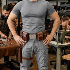 May include: A brown leather utility belt featuring multiple pouches with brass-colored snap closures, a central rectangular metallic buckle, and an integrated holster on the right side with a buckled leg strap, worn over gray cargo pants.