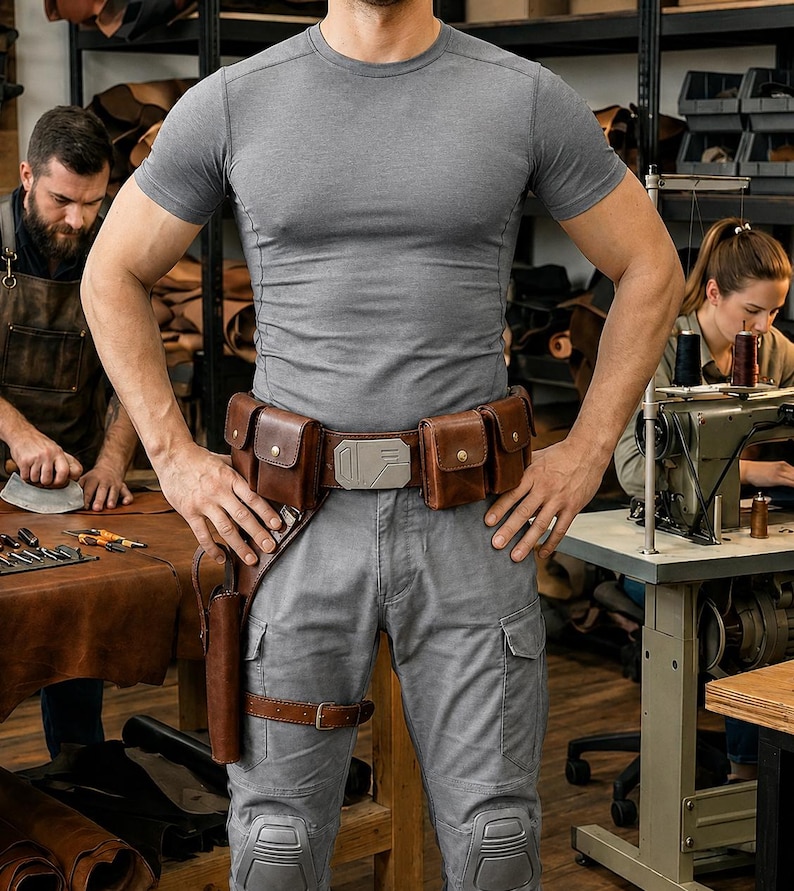 May include: A brown leather utility belt featuring multiple pouches with brass-colored snap closures, a central rectangular metallic buckle, and an integrated holster on the right side with a buckled leg strap, worn over gray cargo pants.
