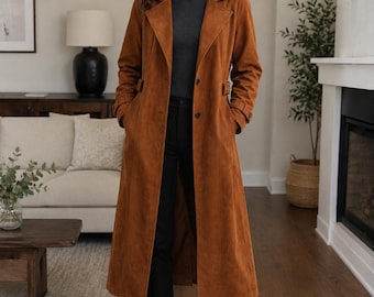 Women's Brown Suede Trench Coat | Long Leather Style Overcoat | Casual Winter Jacket.