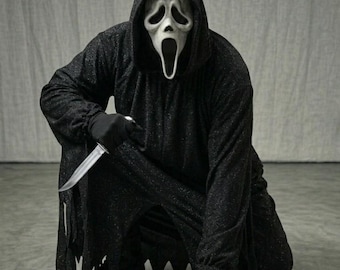 Conjunto de roupão e máscara brilhantes do Ghostface – Fantasia para cosplay do filme Pânico.