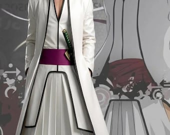 Anime-inspirerad vit samurajrock cosplay-dräkt för män | Långt karaktärsset.