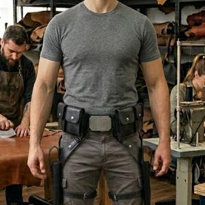 May include: A black leather utility belt featuring two side pouches with snap closures, a central rectangular buckle with geometric detailing, and two vertical holsters attached to leg straps, worn over a gray t-shirt and gray cargo pants.