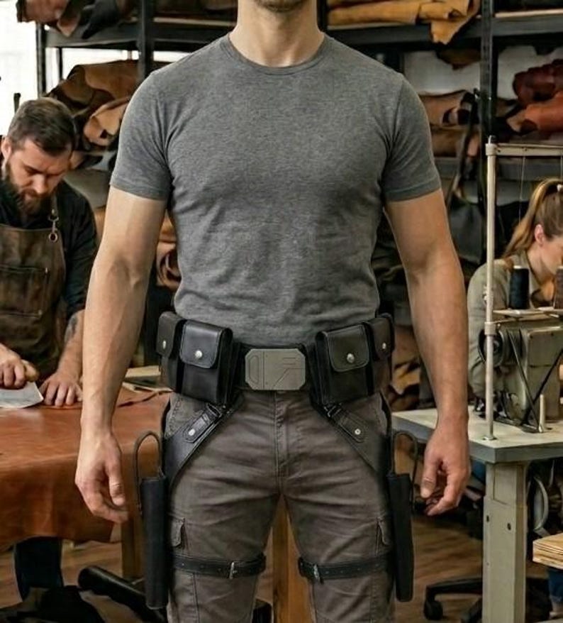 May include: A black leather utility belt featuring two side pouches with snap closures, a central rectangular buckle with geometric detailing, and two vertical holsters attached to leg straps, worn over a gray t-shirt and gray cargo pants.