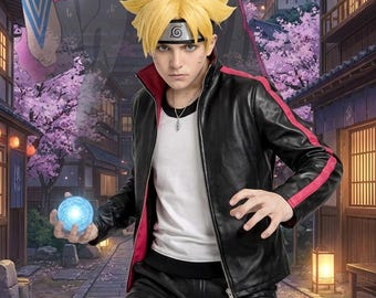 Anime-inspirerad svart lädercosplayjacka | Rödrandig anime streetwear-kappa | Manga-stil unisex kostym.