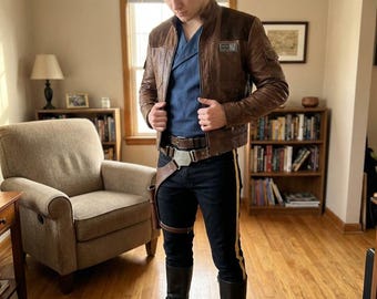 Han Solo-inspirerad lädercosplayjacka, Star Wars-smugglarkostym, rymdcowboykostym för män.