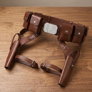 May include: A brown leather utility belt featuring four rectangular pouches with silver-toned snap closures, two integrated holsters, and adjustable leg straps. The center of the belt is secured with a rectangular silver-toned metal buckle.