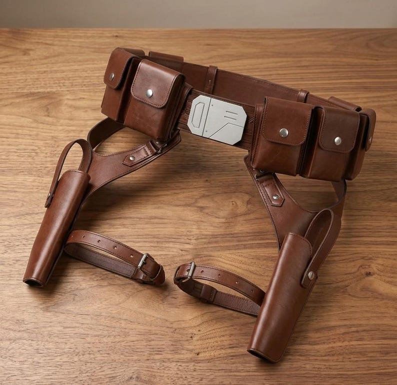 May include: A brown leather utility belt featuring four rectangular pouches with silver-toned snap closures, two integrated holsters, and adjustable leg straps. The center of the belt is secured with a rectangular silver-toned metal buckle.