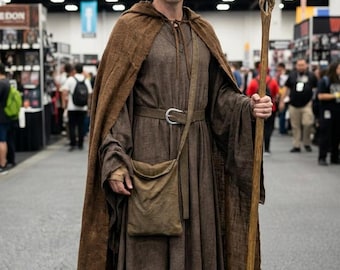 Wizard Gray Costume for Men | Medieval Mage Robe Cloak & Hat Set | Fantasy Cosplay Outfit.