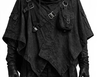 Svart taktisk poncho med huva, teknisk mantel, cyberpunk-utilitycape, streetwear-outfit.