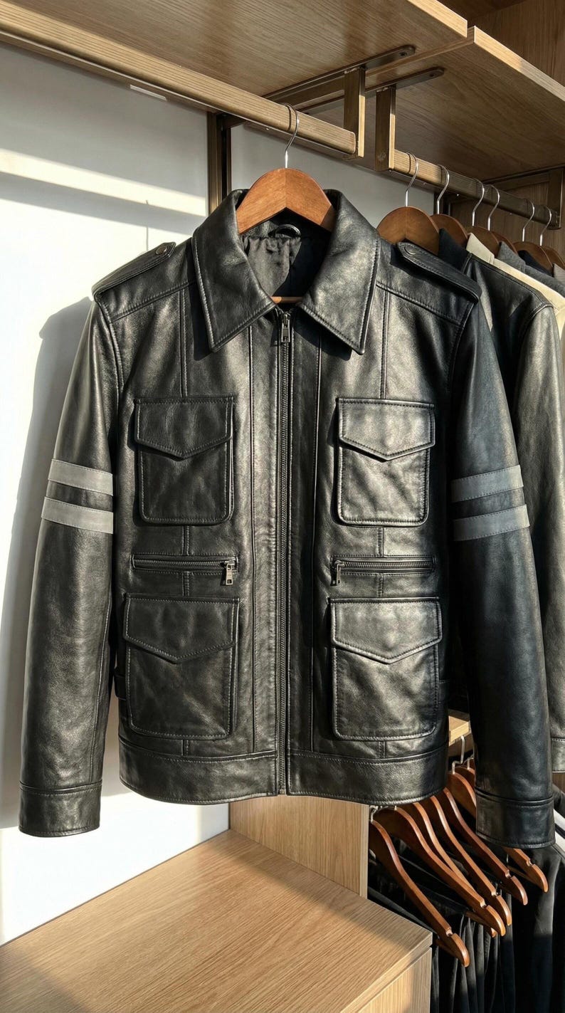 May include: Black leather jacket with a zip-up front, multiple front pockets, and gray stripes on the sleeves. The jacket is hanging on a wooden hanger. A classic outerwear piece.