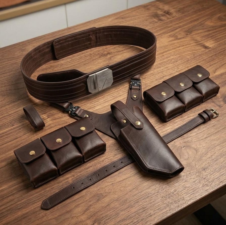 May include: A dark brown leather utility belt set featuring a wide main belt with a silver-toned metal buckle, two triple-pouch storage attachments with gold-toned snap buttons, a holster, and additional leather straps with metal hardware.
