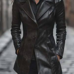 Könnte beinhalten: Schwarze Lederjacke mit Reverskragen und Zwei-Knopf-Verschluss. Die Jacke hat lange Ärmel und Taschen. Die Person trägt ein schwarzes Hemd darunter. Der Hintergrund ist eine verschwommene Szene im Freien.