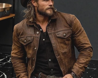 Handgjord vintage brun läderjacka i western-cowboystil för män.