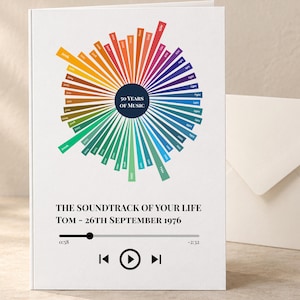 May include: A white greeting card featuring a circular rainbow-colored radial bar chart with the text 50 YEARS OF MUSIC in the center. Below, the text reads THE SOUNDTRACK OF YOUR LIFE, TOM - 26TH SEPTEMBER 1976, with a music player progress bar and icons.