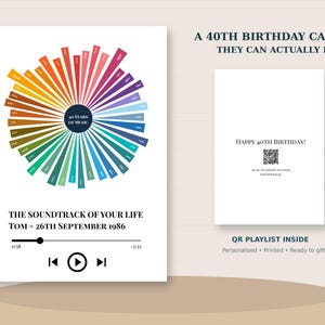 May include: A white 40th birthday card featuring a colorful radial chart labeled 40 Years of Music, the text The Soundtrack of Your Life, Tom - 26th September 1986, a playback bar, and a QR code with the text Happy 40th Birthday! Scan to listen to your soundtrack.