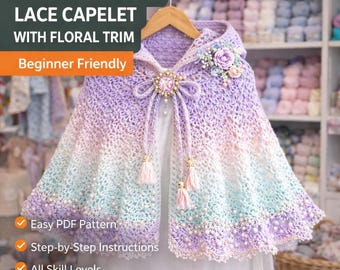 Betoverd haakpatroon met kanten cape met capuchon | Cape met bloemenrand pdf | Easy Fantasy-sjaal met capuchon | Draagbaar haken voor beginners