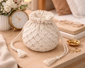 Haakpatroon tas met trekkoord | Eenvoudig gehaakt zakjepatroon pdf | Zelfstudie kleine tas, geschikt voor beginners | Directe digitale download