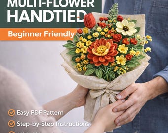 Handgeknoopt haakpatroon met meerdere bloemen pdf | Geschikt voor beginners: gehaakt boeket | Handgemaakt bloemendecor, cadeau- en huwelijksbloemen