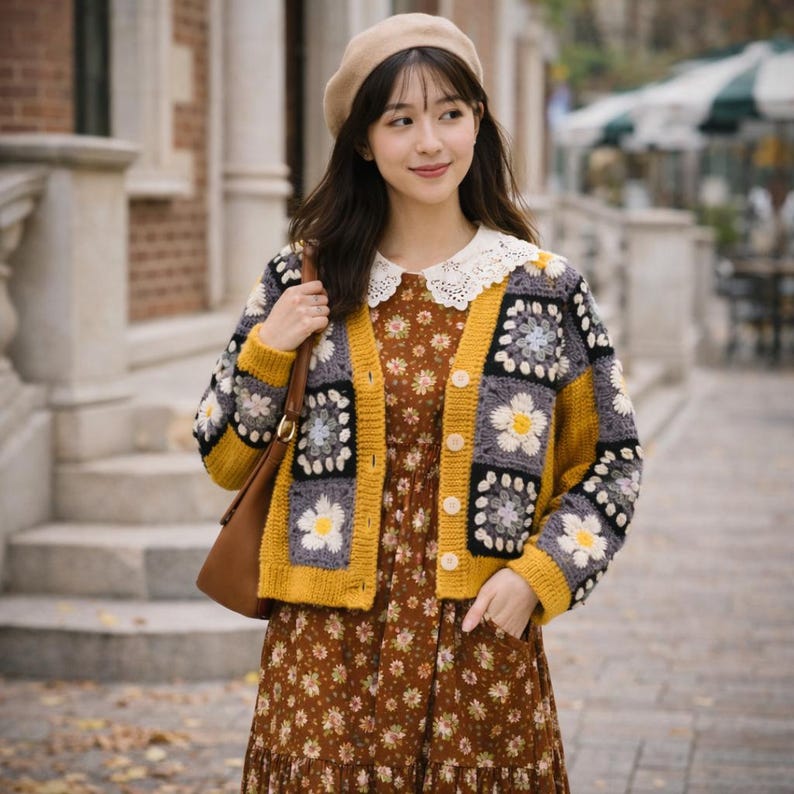 K&ouml;nnte beinhalten: Eine Frau tr&auml;gt eine senfgelbe, grau-wei&szlig;e H&auml;keljacke mit G&auml;nsebl&uuml;mchenmuster. Die Strickjacke ist &uuml;ber einem braunen Blumenkleid mit wei&szlig;em Spitzenkragen gekn&ouml;pft. Sie tr&auml;gt au&szlig;erdem eine beige Baskenm&uuml;tze und eine braune Handtasche.