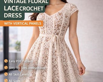 Vintage gehaakt jurkpatroon met bloemenkant | Elegante kanten jurk pdf | Romantische handgemaakte gehaakte jurk | Geschikt voor beginners