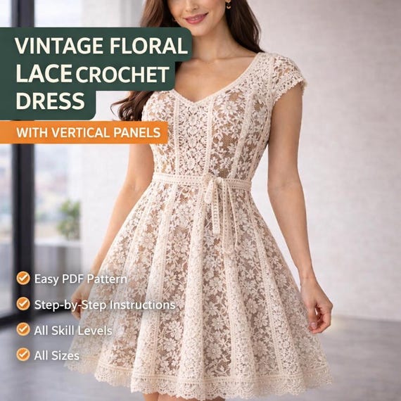 Vintage Floral Lace Crochet Dress Pattern | Elegant Lace Dress PDF |  Romantic Handmade Crochet Gown | Beginner-friendly Wearable - Etsy Israel