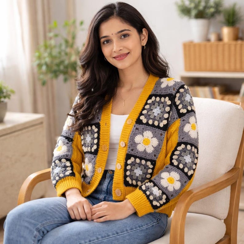 K&ouml;nnte beinhalten: Ein geh&auml;kelter Cardigan in Gelb, Grau und Wei&szlig; mit einem floralen Muster. Der Cardigan hat eine Knopfleiste vorne und wird &uuml;ber einem wei&szlig;en Oberteil getragen. Die &Auml;rmel und der Besatz sind gelb, und der K&ouml;rper hat quadratische H&auml;kelbl&ouml;cke mit Blumenmustern.