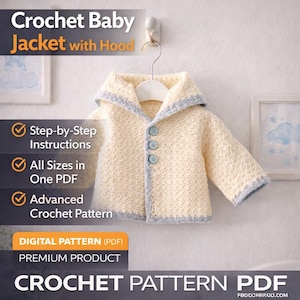 May include: A cream-colored crochet baby jacket with a hood, trimmed with light blue. The jacket has three buttons and is hanging on a hanger. Text on the image reads "Crochet Baby Jacket with Hood" and "Crochet Pattern PDF".