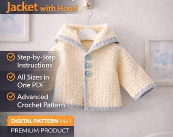 Giacca all'uncinetto per neonati con cappuccio, modello PDF da scaricare in formato digitale, modello facile per felpa con cappuccio all'uncinetto per neonati, dalla nascita ai 24 mesi