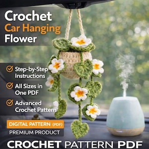 Peut inclure: Une fleur de voiture suspendue au crochet dans un pot beige avec des fleurs blanches et jaunes et des feuilles vertes. Le texte de l'image indique "Crochet Car Hanging Flower" et "Digital Pattern (PDF)".