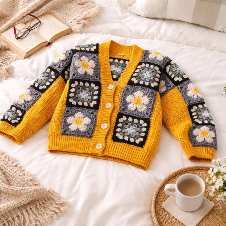 K&ouml;nnte beinhalten: Ein gelber Cardigan mit V-Ausschnitt und Knopfverschluss. Der Pullover hat quadratische Blumenmuster in Grau, Schwarz und Wei&szlig;. Die &Auml;rmel und der Besatz sind einfarbig gelb. Der Pullover wird auf einem wei&szlig;en Bett pr&auml;sentiert.